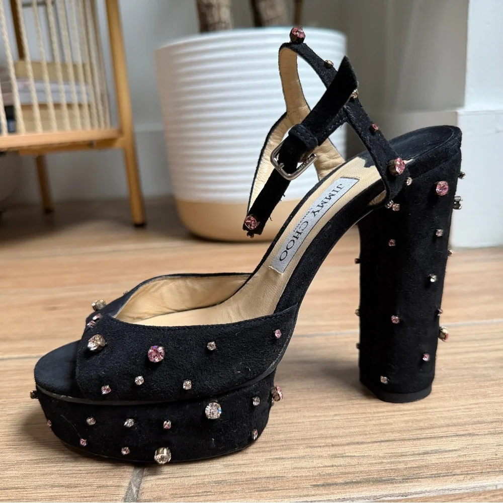 Jimmy Choo Black Suede Rhinestone Heels Platform Ankle Strap Pink Crystal